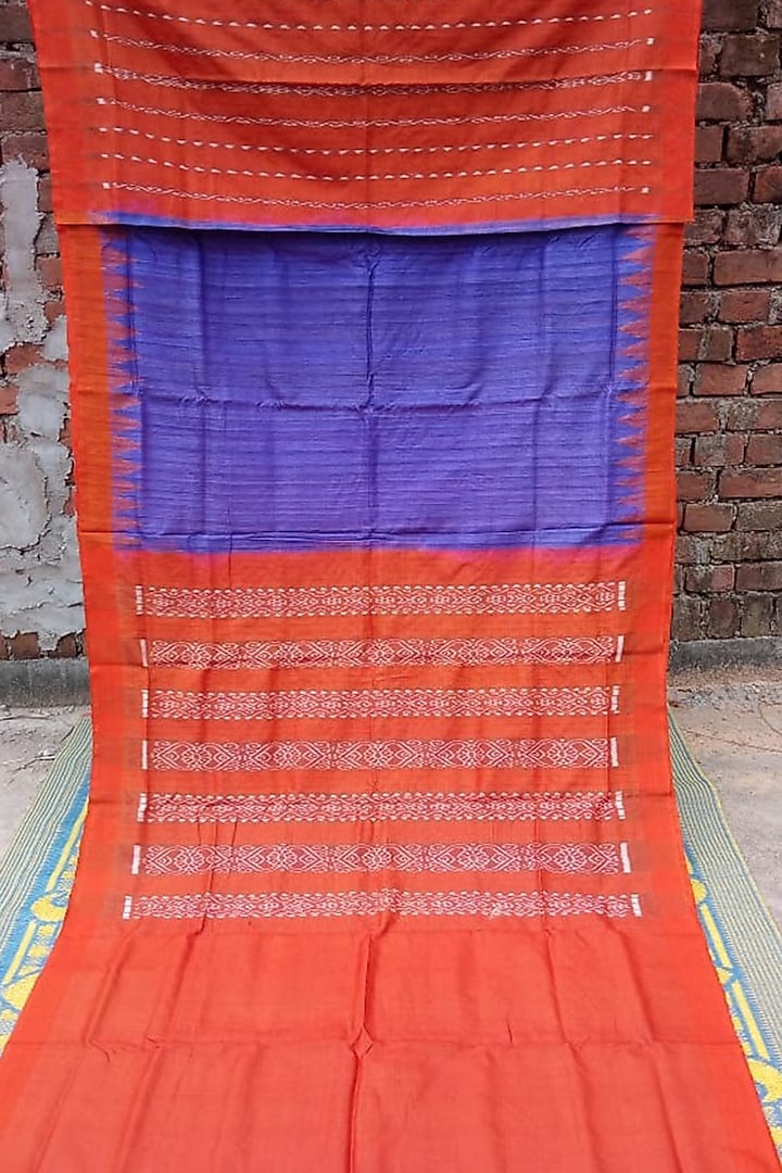 Cobalt Blue & Red Handwoven Tie-Dye Saree by Pramod Sur
