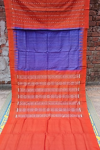 Cobalt Blue & Red Handwoven Tie-Dye Saree by Pramod Sur