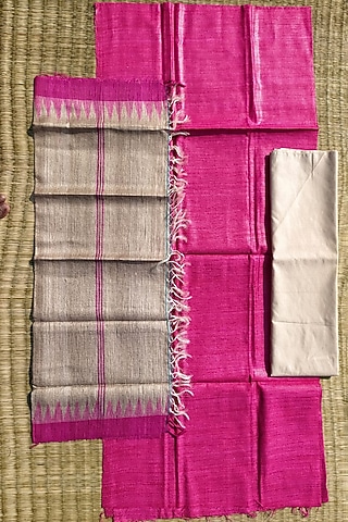 Pink & Nude Handwoven Unstitched Kurta Set by Pramod Sur
