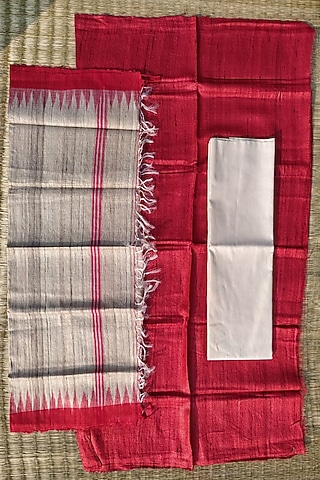 Red & White Handwoven Unstitched Kurta Set by Pramod Sur