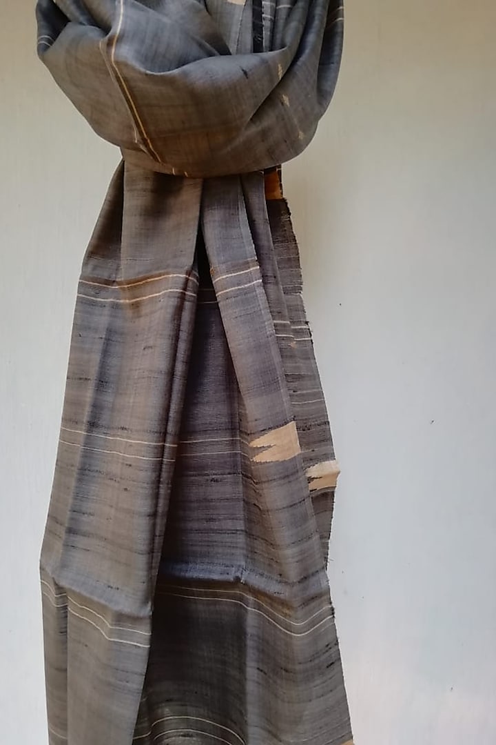 Grey Handwoven Striped Dupatta by Pramod Sur
