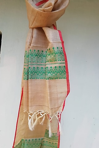 Beige & Green Handwoven Dupatta by Pramod Sur