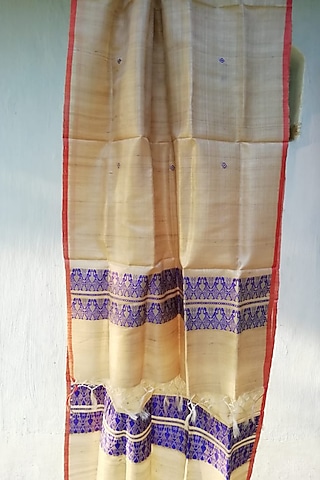 Beige & Blue Handwoven Dupatta by Pramod Sur