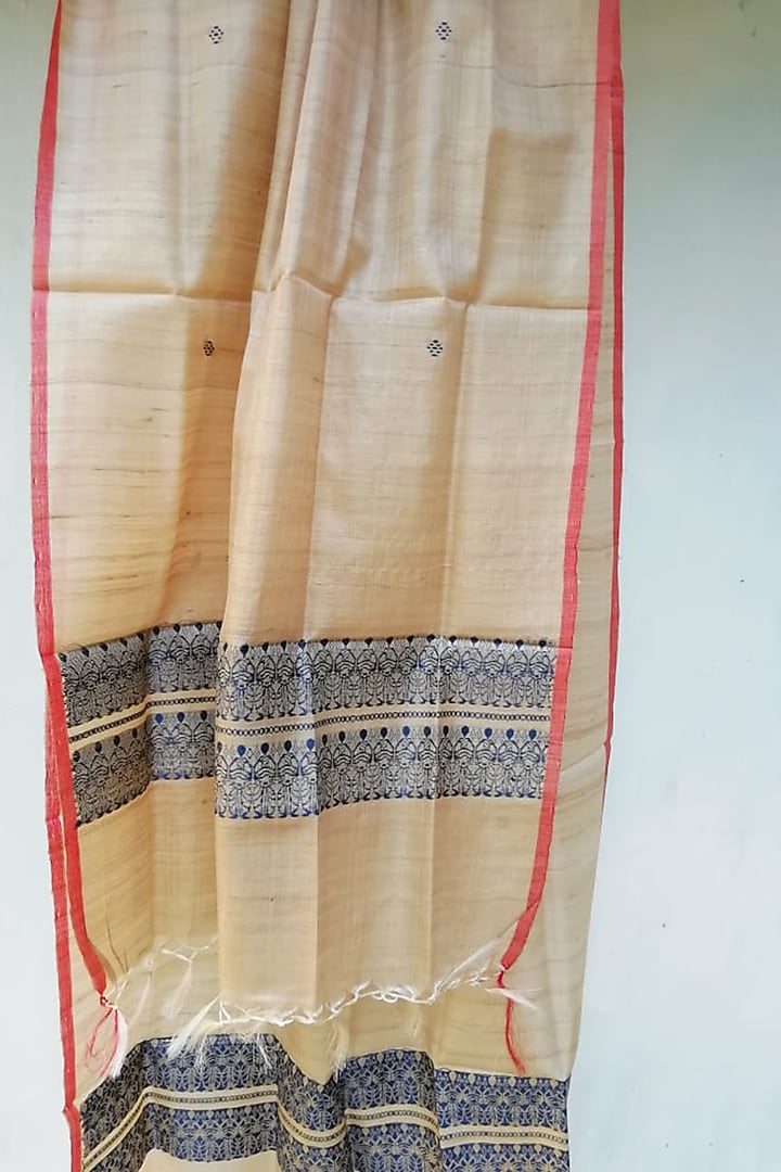 Beige & Deep Blue Handwoven Dupatta by Pramod Sur at Pernia's Pop Up Shop
