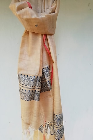 Beige & Deep Blue Handwoven Dupatta by Pramod Sur