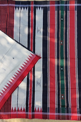 White & Red Handwoven Saree With Extra Weft Motif by Pramod Sur