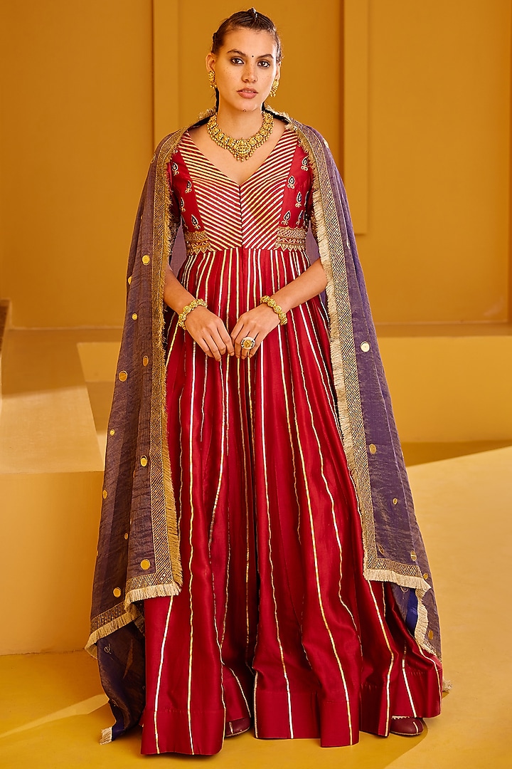 Maroon Chanderi Embellished Anarkali Set by PRATIBHA SULTANIA