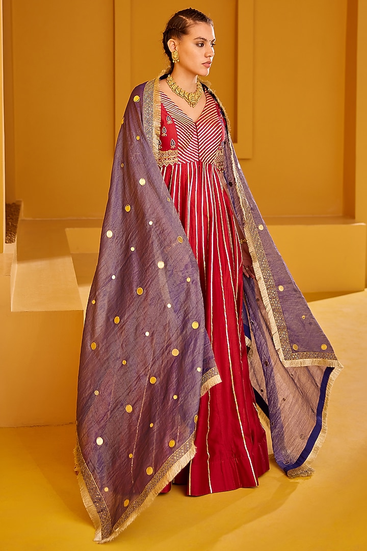 Maroon Chanderi Embellished Wedding Anarkali Set by PRATIBHA SULTANIA at Pernia's Pop Up Shop