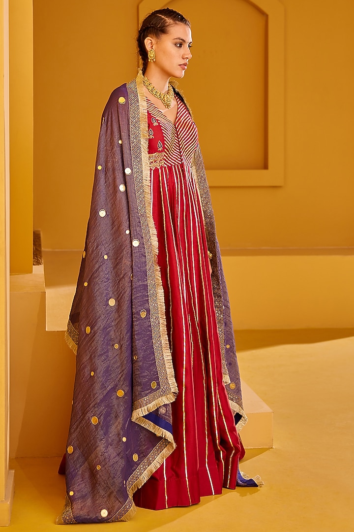 Maroon Chanderi Embellished Wedding Anarkali Set by PRATIBHA SULTANIA at Pernia's Pop Up Shop