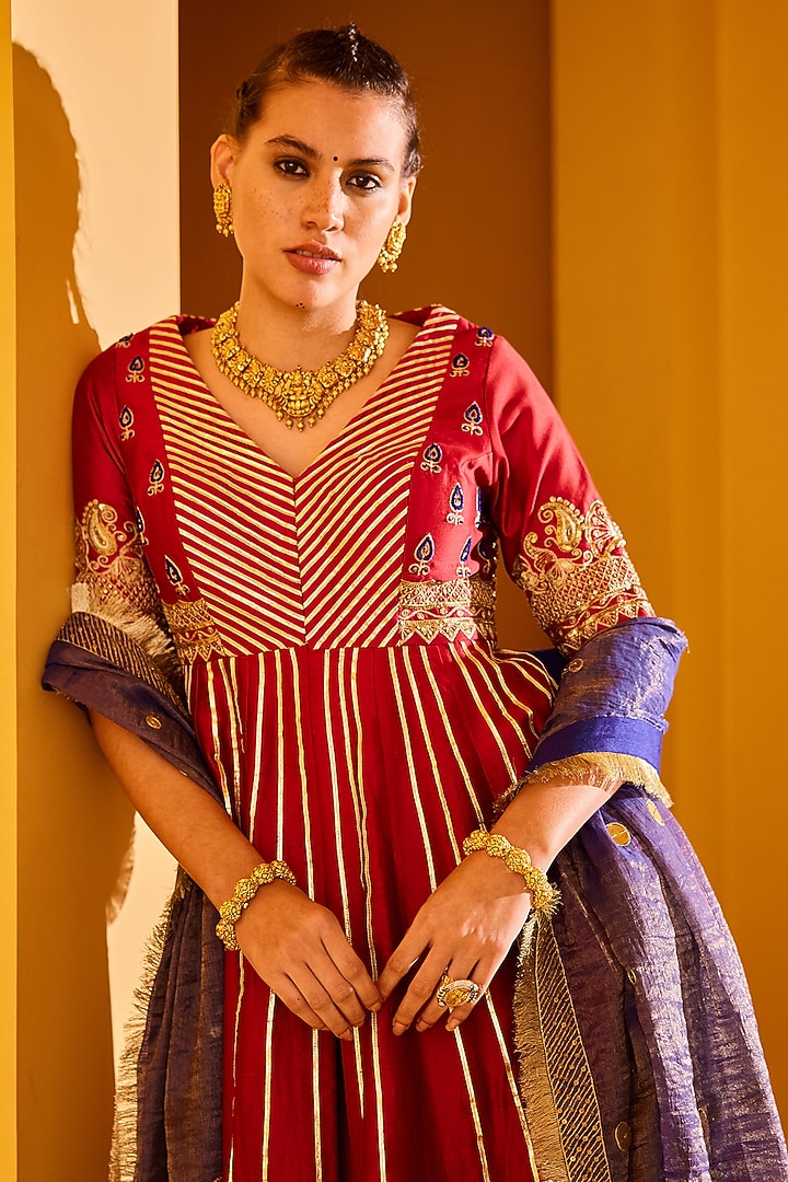 Maroon Chanderi Embellished Wedding Anarkali Set by PRATIBHA SULTANIA at Pernia's Pop Up Shop