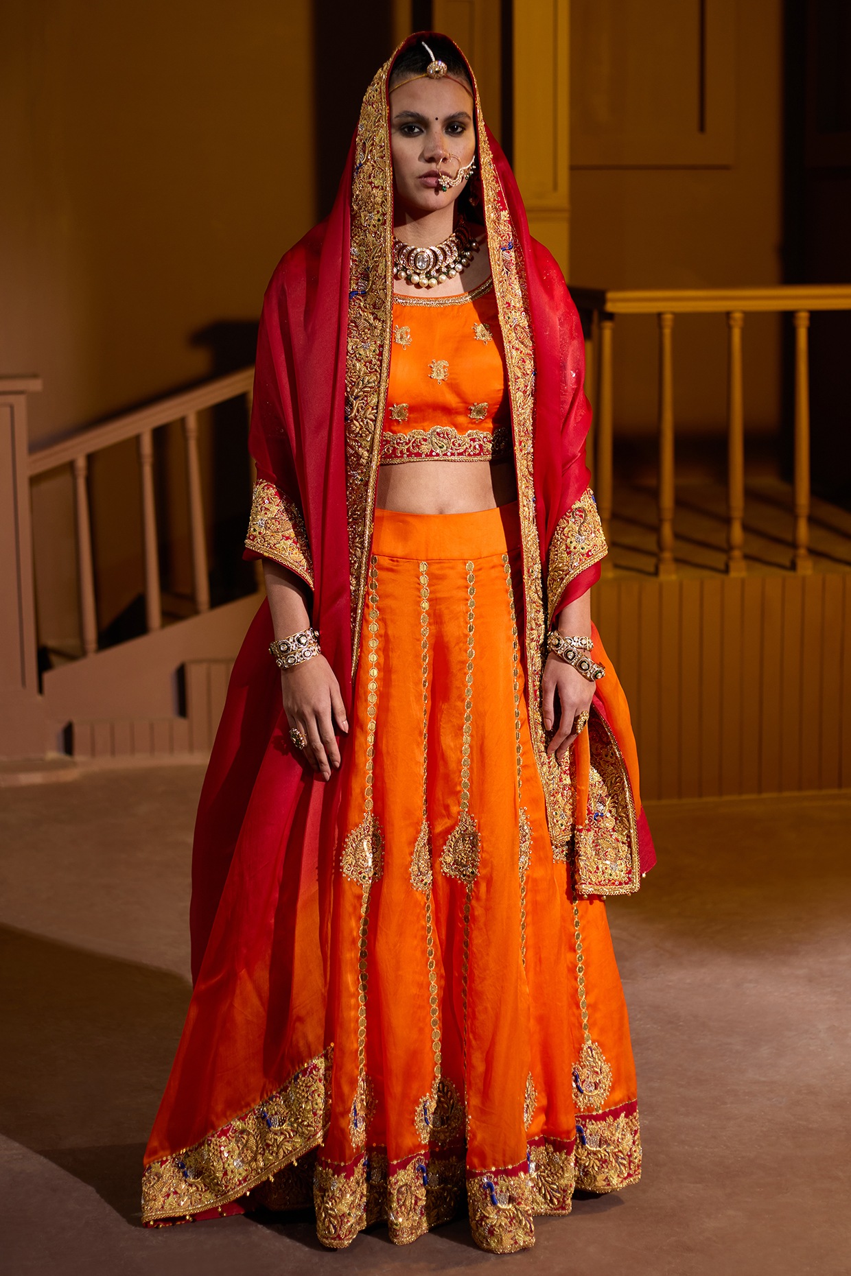 Orange Banarasi Mughal Pattern Zari Work Half Saree Style Lehenga Choli  with Red Dupatta | Exotic India Art