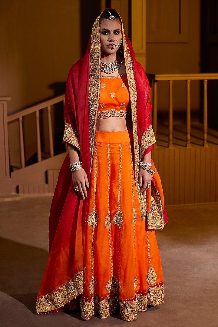 Orange Organza Hand Embellished Bridal Lehenga Set by PRATIBHA SULTANIA at Pernia's Pop Up Shop