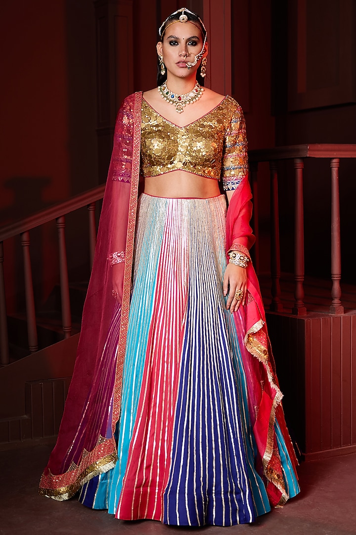 Multi-Colored Satin Paneled Wedding Lehenga Set by PRATIBHA SULTANIA at Pernia's Pop Up Shop