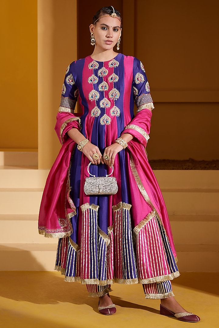 Purple & Pink Chanderi Hand Embellished Kurta Set by PRATIBHA SULTANIA at Pernia's Pop Up Shop