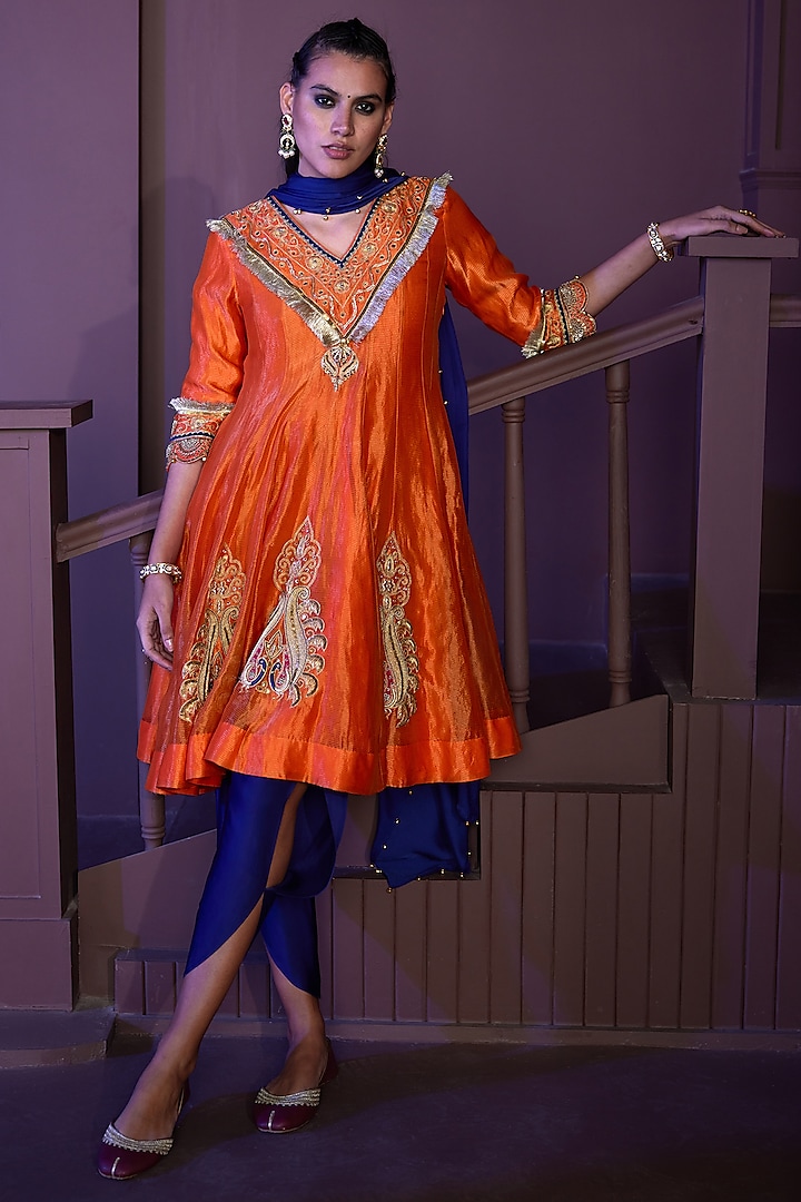 Orange Chanderi Embellished Kurta Set by PRATIBHA SULTANIA