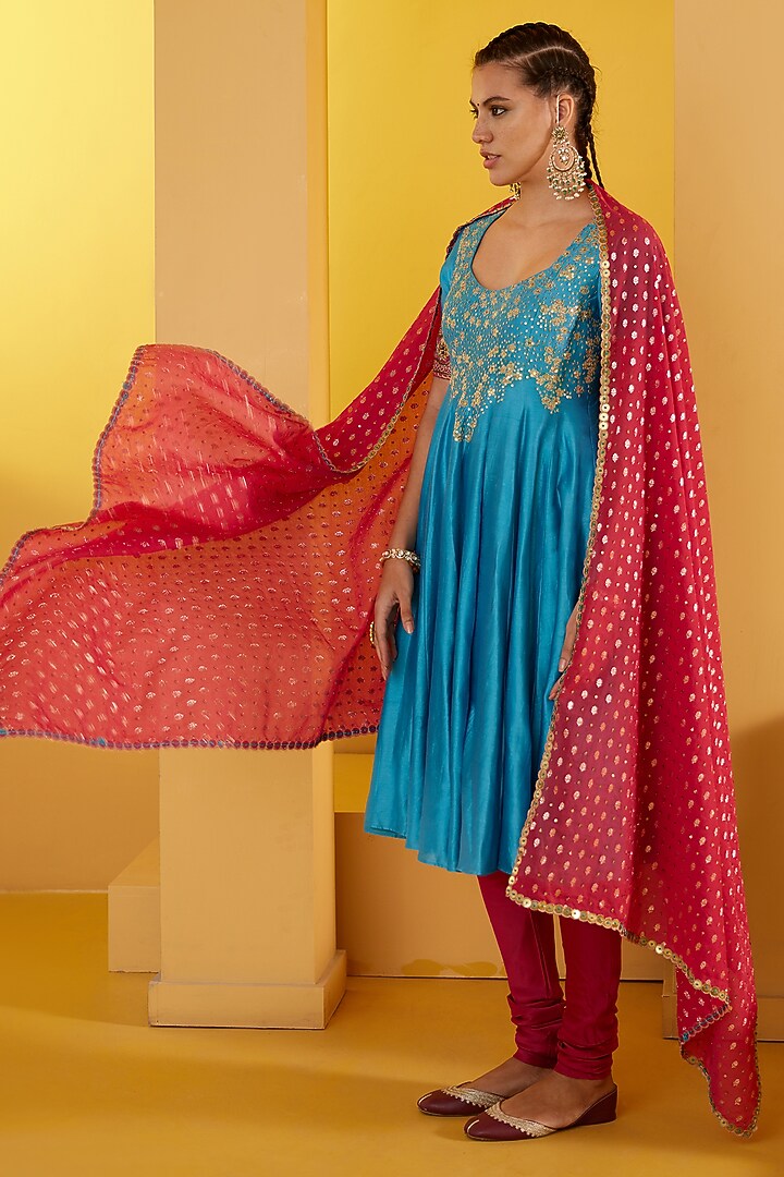 Firozi Chanderi Embellished Kurta Set by PRATIBHA SULTANIA at Pernia's Pop Up Shop