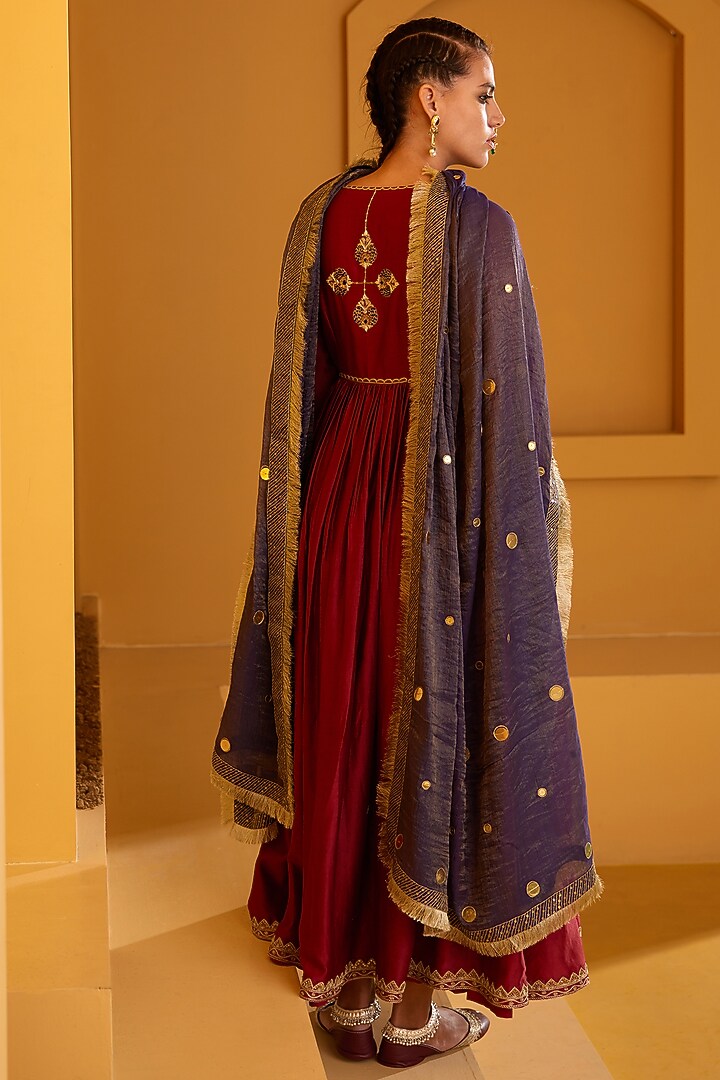 Maroon Chanderi Hand Embellished Wedding Anarkali Set by PRATIBHA SULTANIA at Pernia's Pop Up Shop