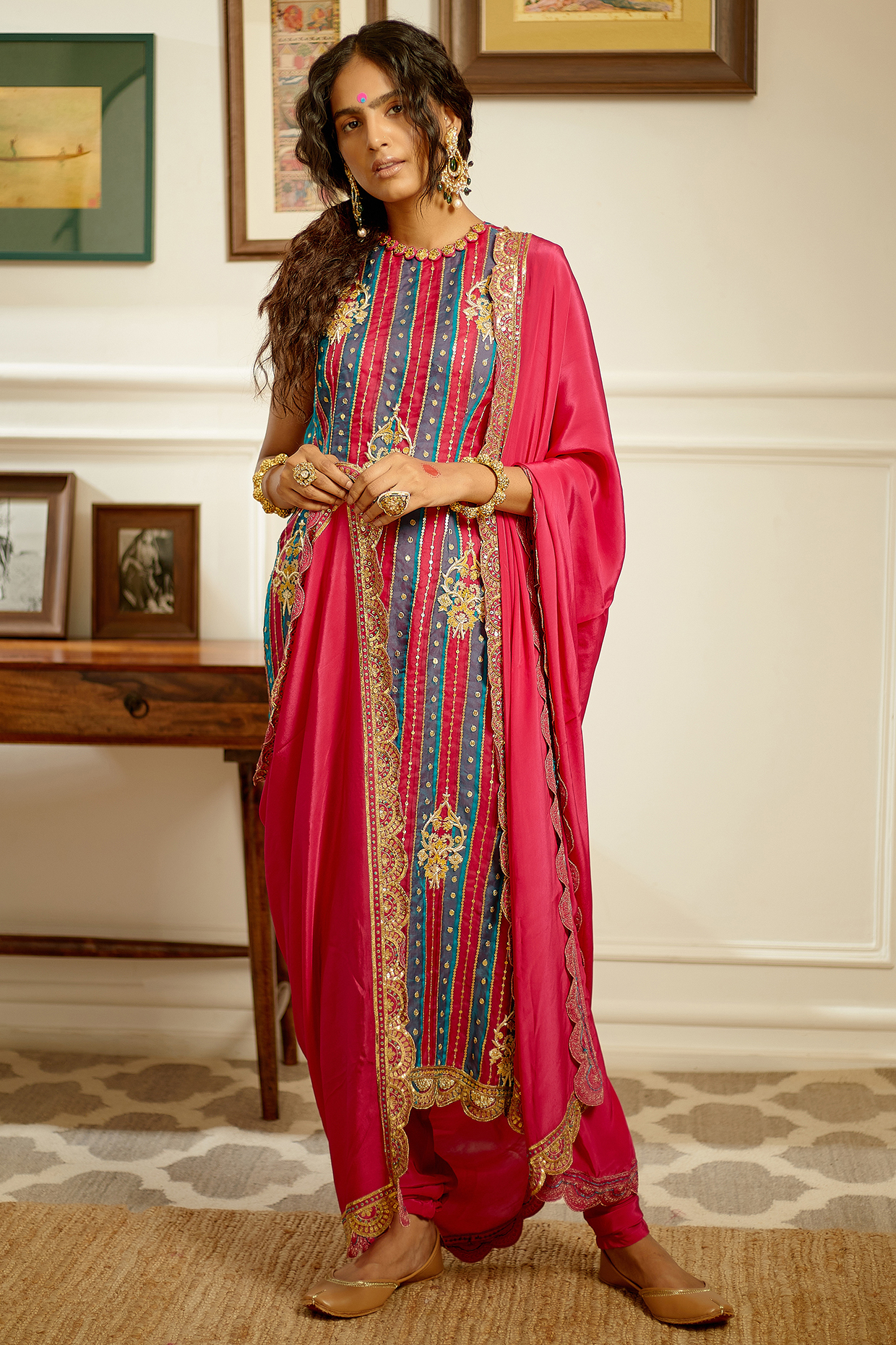 Neon Fuchsia Hand Embroidered Kurta Set by PRATIBHA SULTANIA