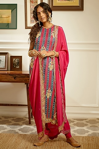 Neon Fuchsia Hand Embroidered Kurta Set by PRATIBHA SULTANIA