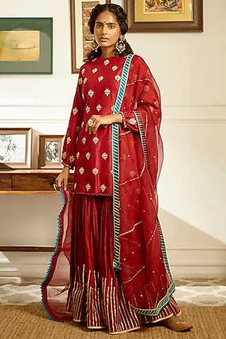 Bloody Maroon Hand & Machine Embroidered Sharara Set by PRATIBHA SULTANIA