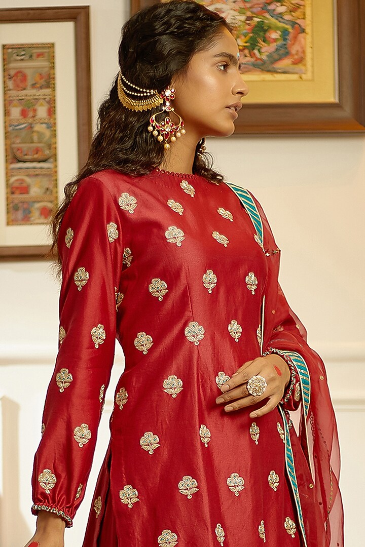 Bloody Maroon Hand & Machine Embroidered Wedding Sharara Set by PRATIBHA SULTANIA at Pernia's Pop Up Shop