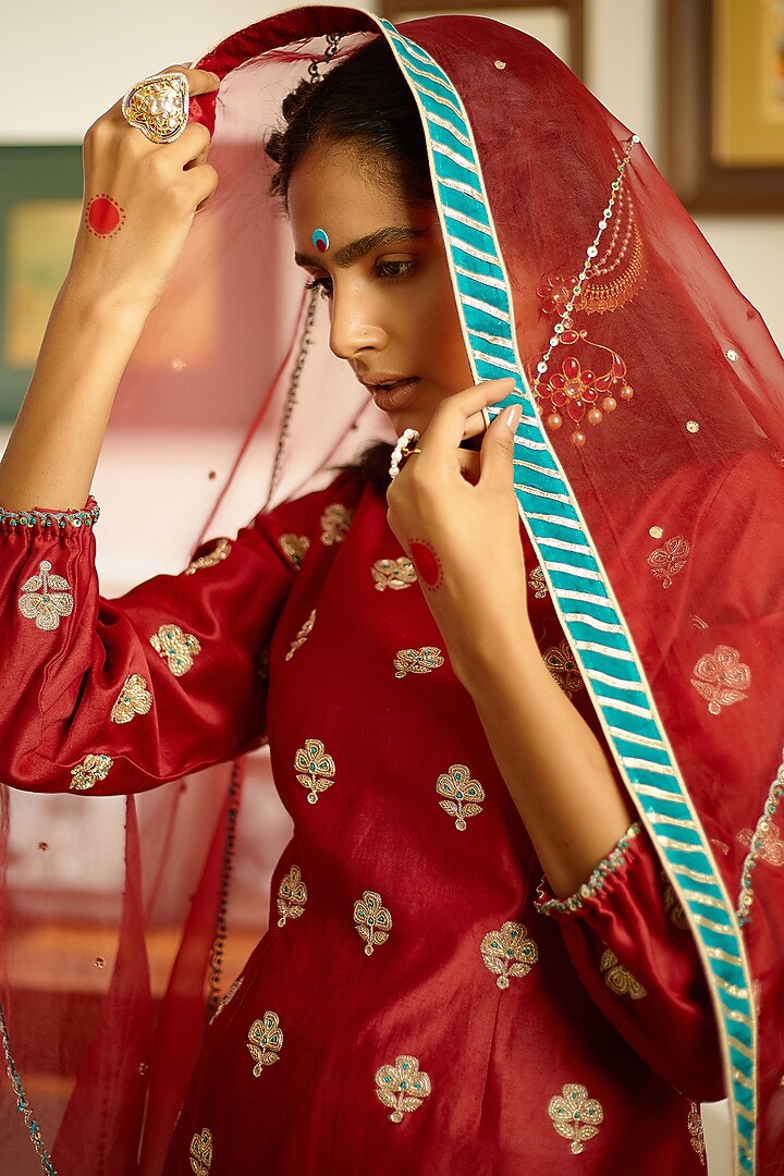 Bloody Maroon Hand & Machine Embroidered Wedding Sharara Set by PRATIBHA SULTANIA at Pernia's Pop Up Shop