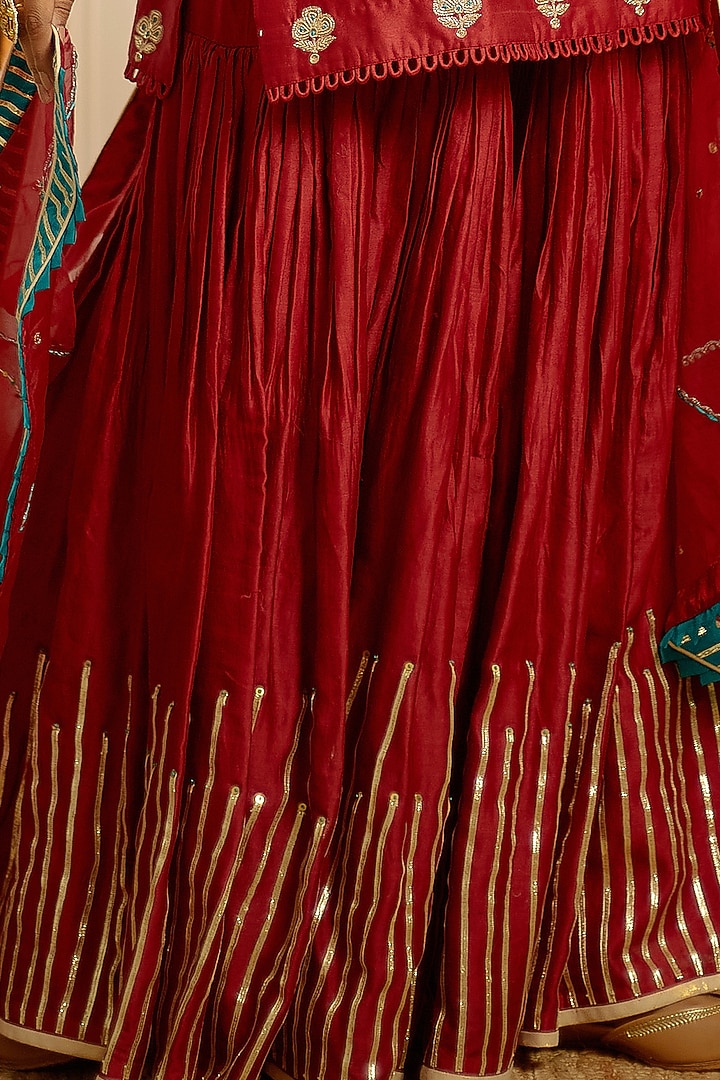 Bloody Maroon Hand & Machine Embroidered Wedding Sharara Set by PRATIBHA SULTANIA at Pernia's Pop Up Shop