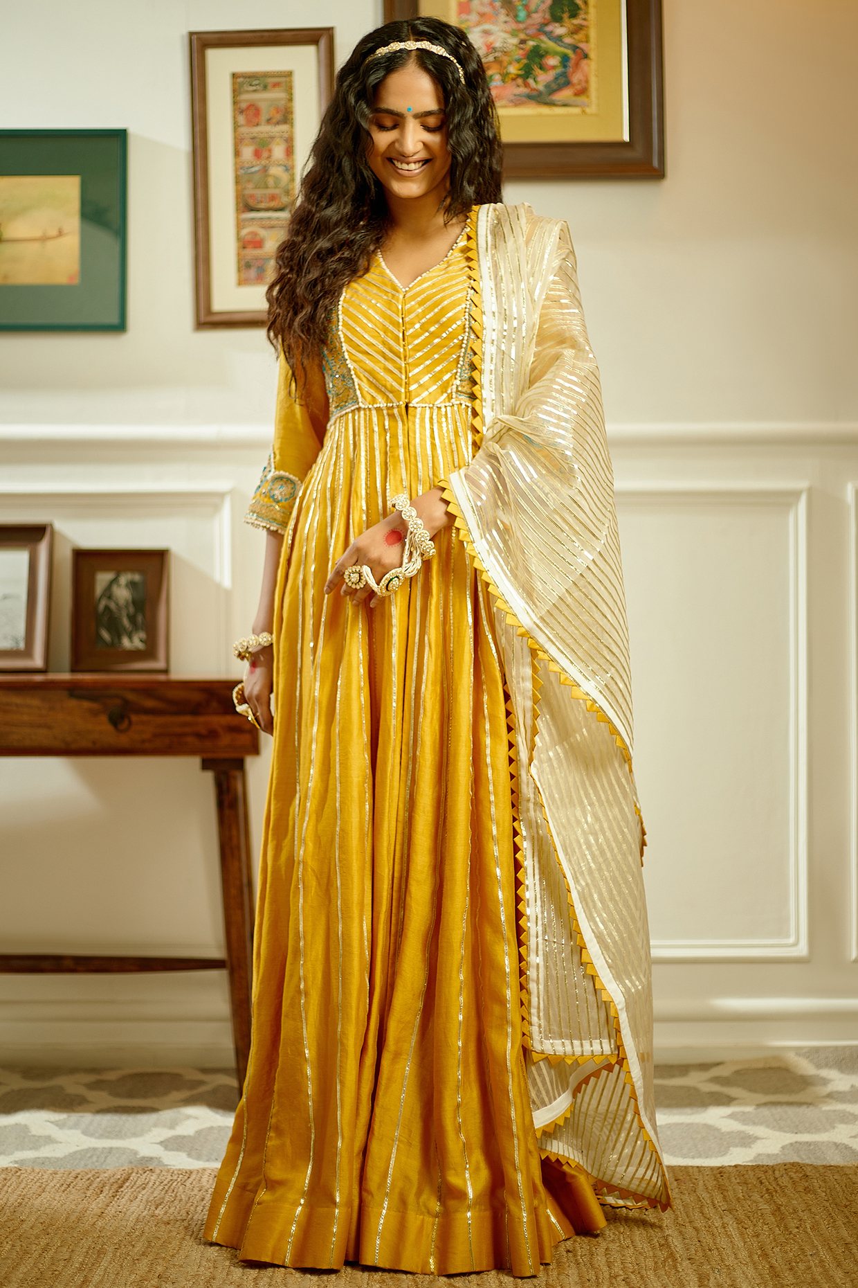 Crimson Yellow Hand & Machine Embroidered Anarkali Set by PRATIBHA SULTANIA