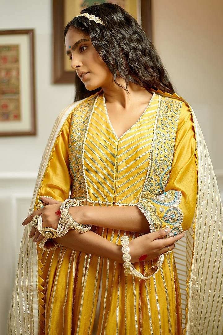 Crimson Yellow Hand & Machine Embroidered Wedding Anarkali Set by PRATIBHA SULTANIA at Pernia's Pop Up Shop