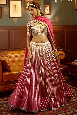 Fluorescent Pink Hand & Machine Embroidered Lehenga Set by PRATIBHA SULTANIA