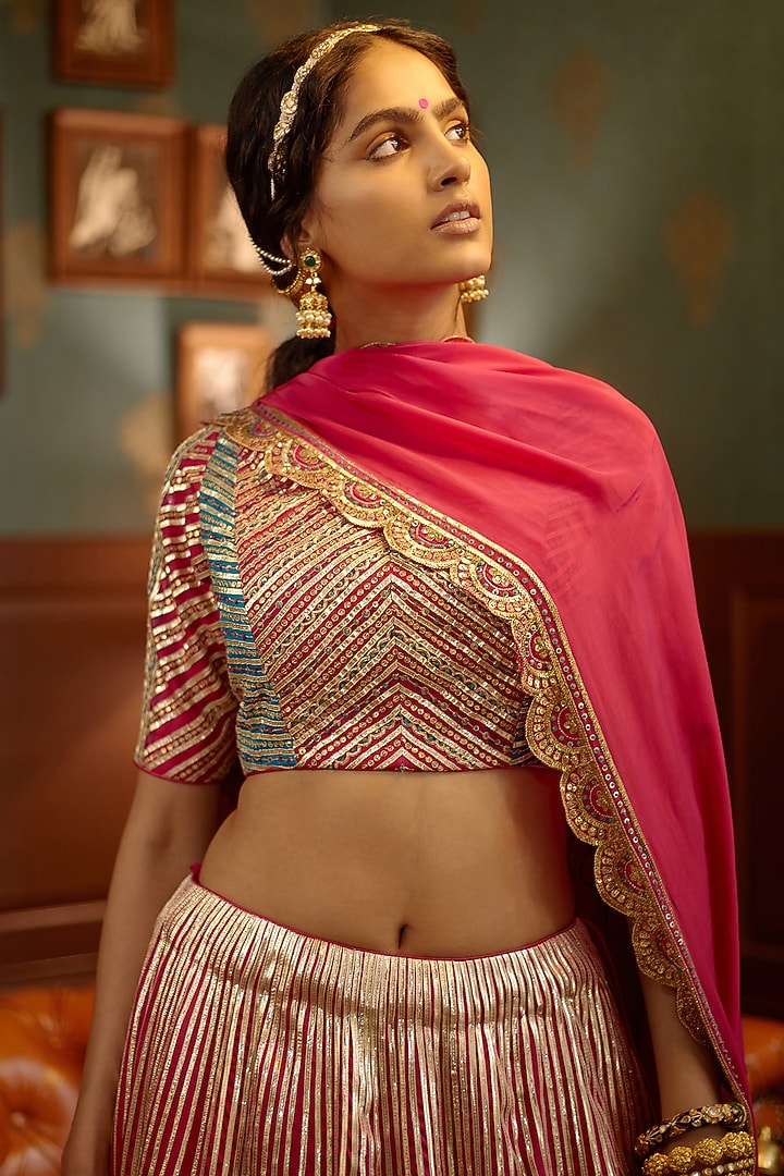 Fluorescent Pink Hand & Machine Embroidered Wedding Lehenga Set by PRATIBHA SULTANIA at Pernia's Pop Up Shop