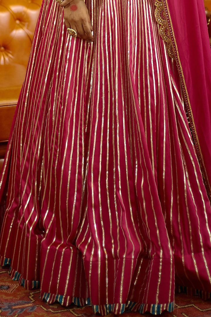 Fluorescent Pink Hand & Machine Embroidered Wedding Lehenga Set by PRATIBHA SULTANIA at Pernia's Pop Up Shop