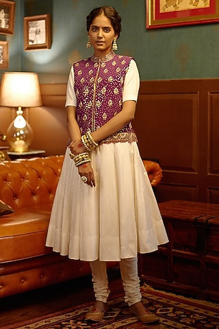 White Satin Anarkali Set With Dull Violet Jacket by PRATIBHA SULTANIA