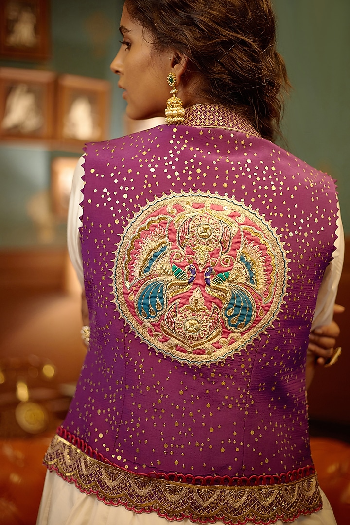 White Satin Wedding Anarkali Set With Dull Violet Jacket by PRATIBHA SULTANIA at Pernia's Pop Up Shop