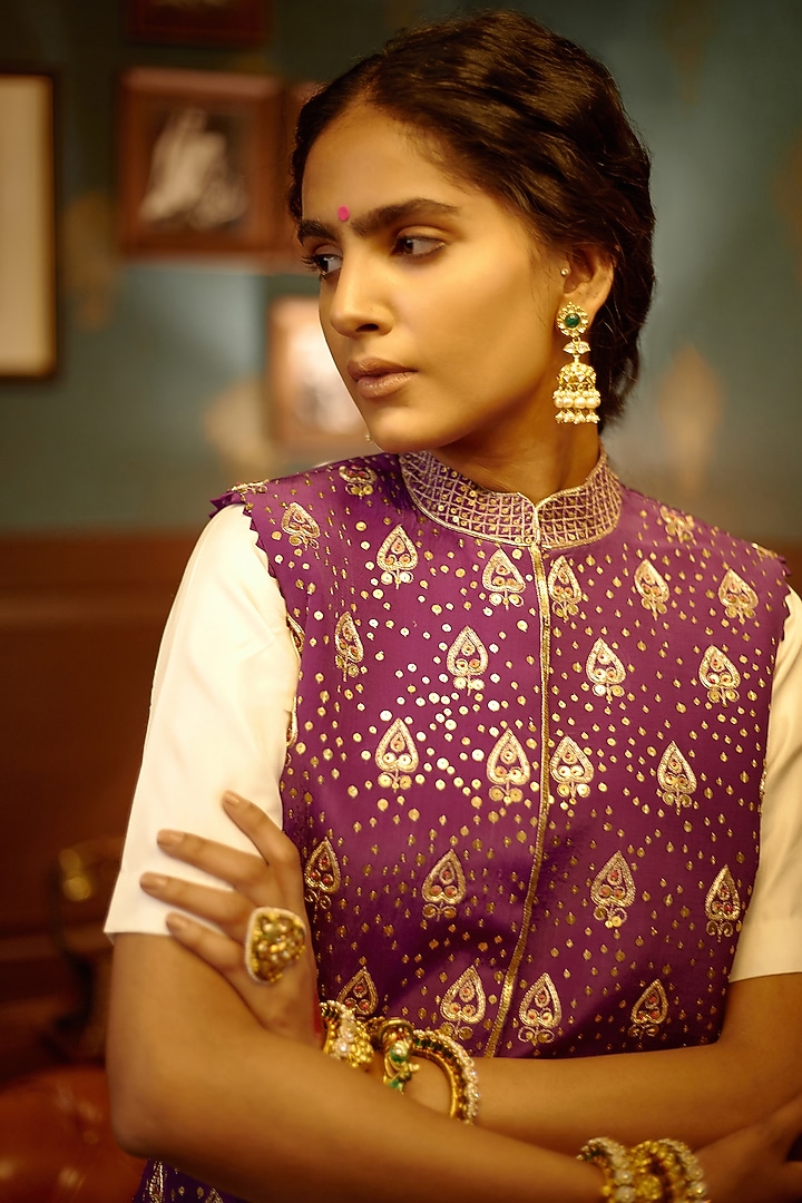 White Satin Wedding Anarkali Set With Dull Violet Jacket by PRATIBHA SULTANIA at Pernia's Pop Up Shop