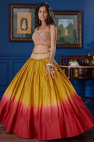Bloody Red & Mustard Ombre Lehenga Set by PRATIBHA SULTANIA