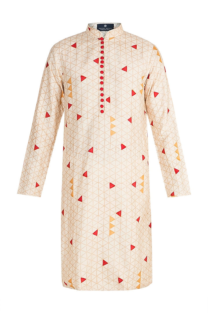 Beige & Red Block Printed Kurta by Pranay Baidya Men