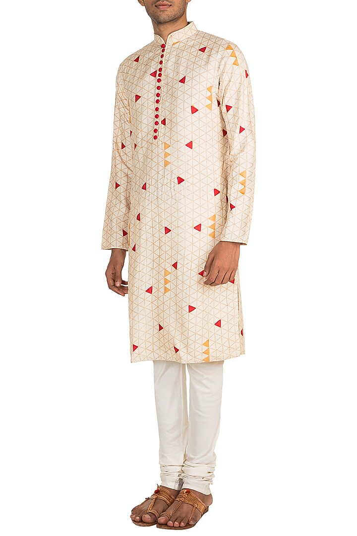 Beige & Red Block Printed Kurta by Pranay Baidya Men at Pernia's Pop Up Shop
