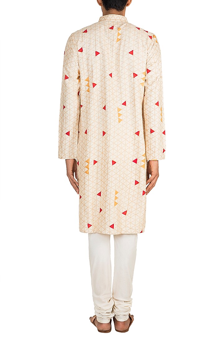 Beige & Red Block Printed Kurta by Pranay Baidya Men at Pernia's Pop Up Shop
