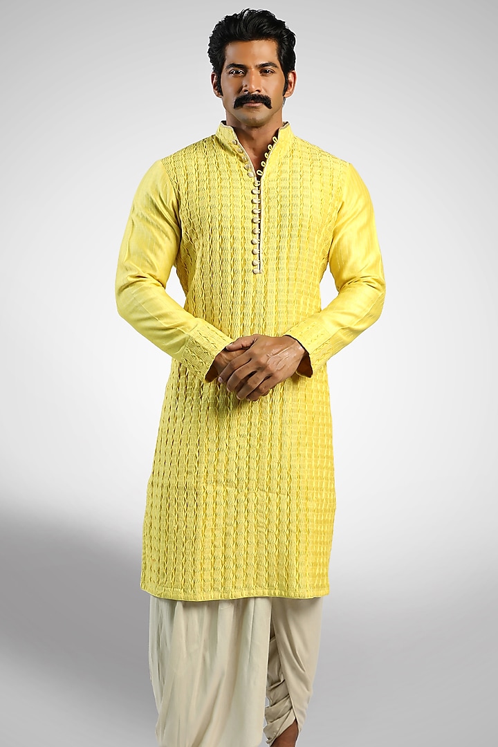 Yellow Chanderi Long Kurta by Pranay Baidya Men