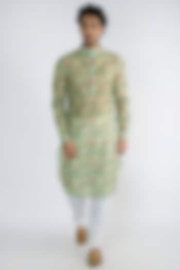 Mint Green Jaali Printed Long Kurta by Pranay Baidya Men