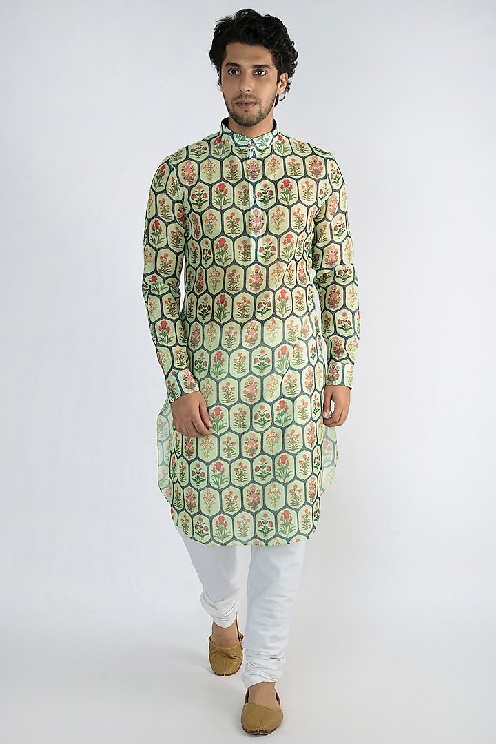 Mint Green Jaali Printed Long Kurta by Pranay Baidya Men