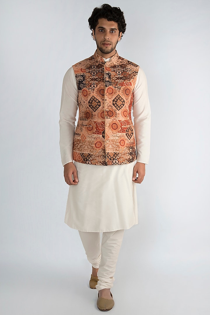 Brown Printed Nehru Jacket by Pranay Baidya Men