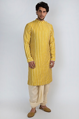 Golden Yellow Embroidered Kurta by Pranay Baidya Men