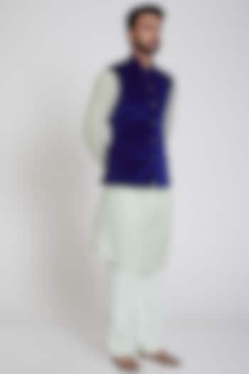 Cobalt Blue Velvet Nehru Jacket by Pranay Baidya Men