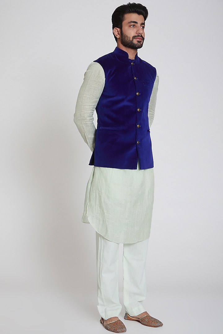Cobalt Blue Velvet Nehru Jacket by Pranay Baidya Men
