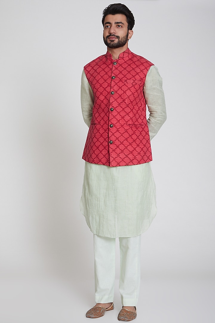 Pink Printed Nehru Jacket by Pranay Baidya Men