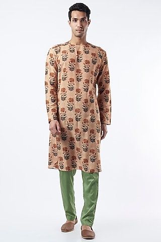 Peach Printed Kurta Set by Pranay Baidya Men