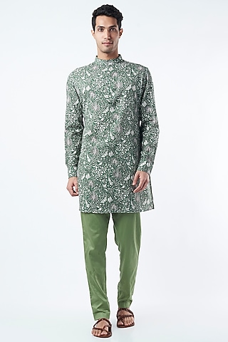 Green Printed Kurta Set by Pranay Baidya Men