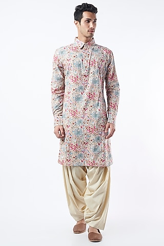 Multi-Coloured Chanderi Printed Kurta Set by Pranay Baidya Men